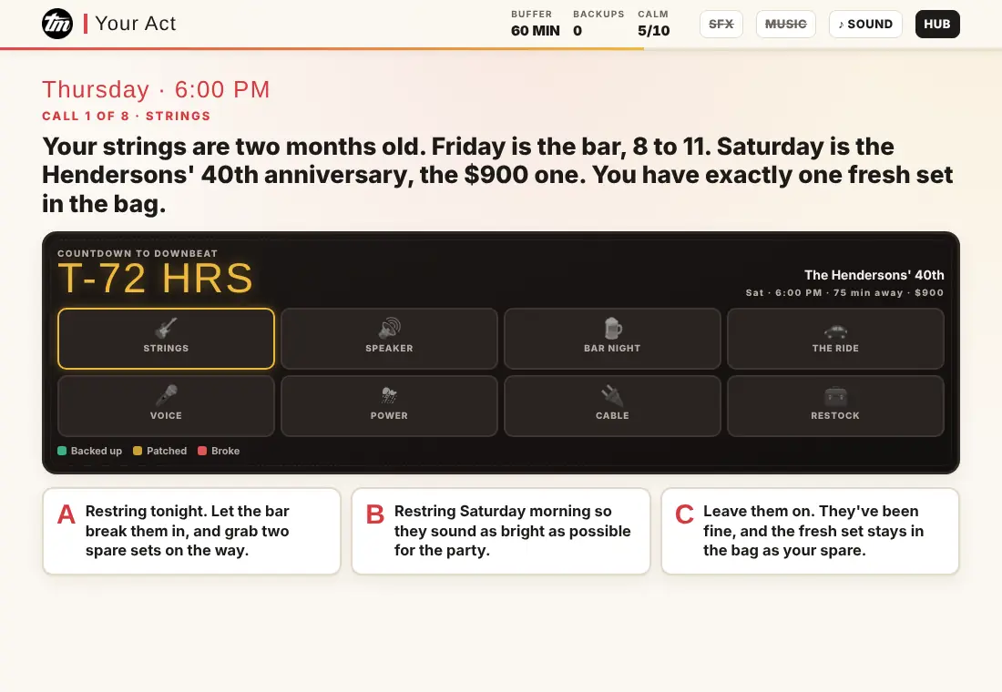 Lesson 1.8 Never Cancel a Gig: the first call in the game, played on a phone or laptop