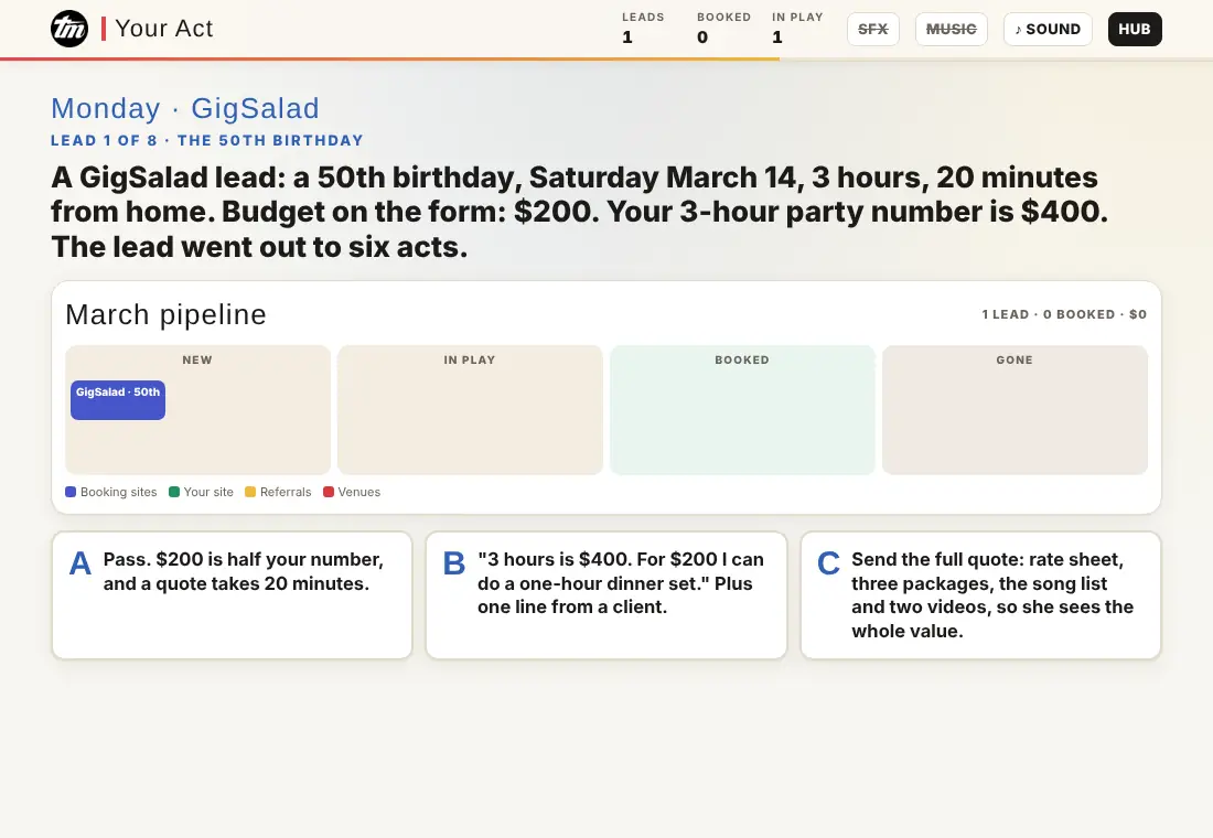Lesson 2.6 Where Gigs Come From: the first call in the game, played on a phone or laptop