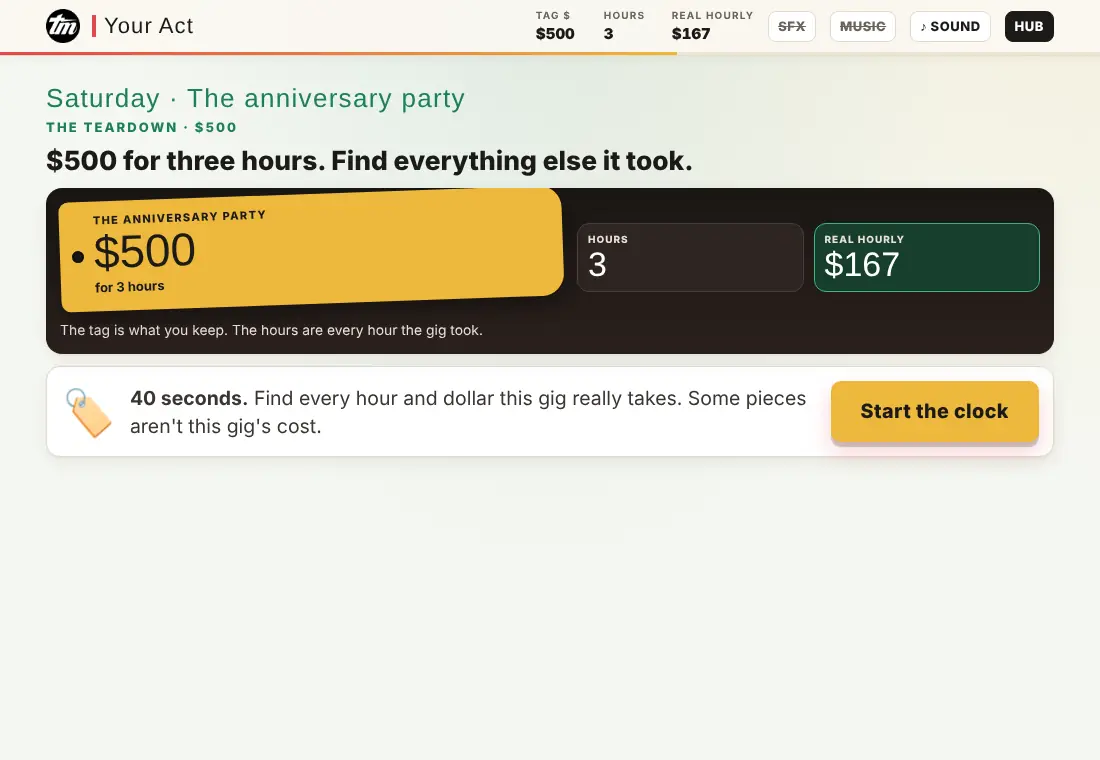 Lesson 3.4 The Real Cost of a Gig: the first call in the game, played on a phone or laptop
